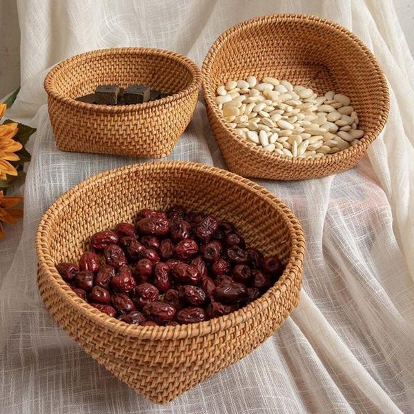 Imagem de Rattan Round Fruit Basket Food Storage Bowl Organizador de lanches servindo  Sacos e Cestas