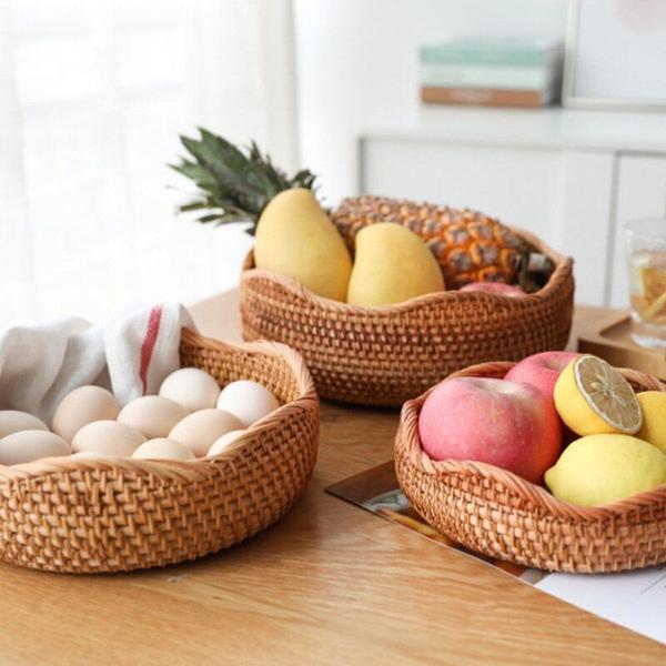 Imagem de Rattan Round Fruit Basket Food Storage Bowl Organizador de lanches servindo  Sacos e Cestas