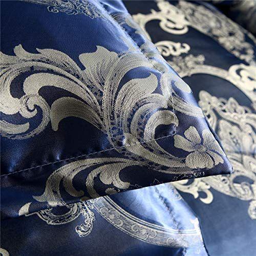 Imagem de Raytrue-X Queen Comforter Set Cobertor de seda de cetim All Season Bed Comforter Queen Set Luxury Royal Blue Jacquard Quilt Bedding Sets Matching 2 Pillow Shams (Full/Queen, 88x88 polegadas, 3 peças)