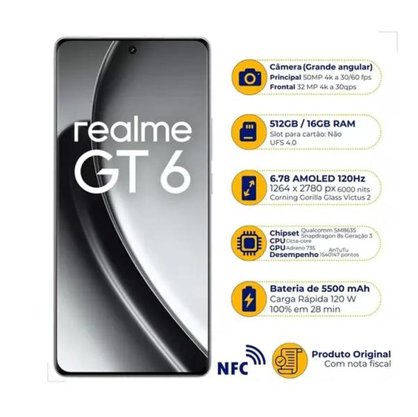 Imagem de Realme GT6 5G 512GB 16GB RAM PRATA Tela 6,78 50MP 120W SELO ANATEL BRASIL