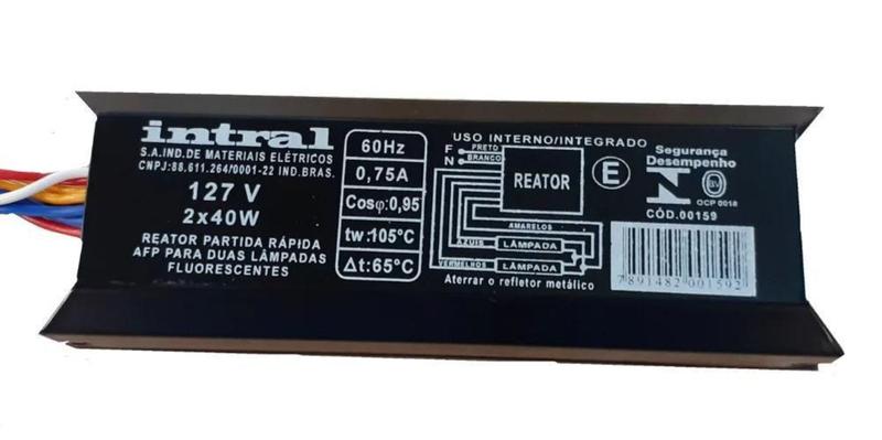 Imagem de Reator Para Duas Lâmpadas Fluorescentes 2X40W 127V Intral