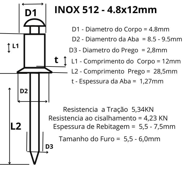 Imagem de Rebite Pop De Repuxo Aço Inox 304 - 512 (4.8X12) Com 100Pça