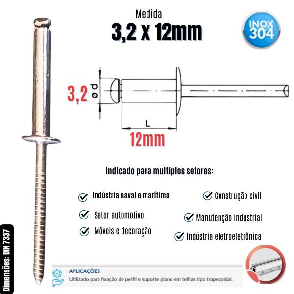 Imagem de Rebite Pop de Repuxo Aço Inox 304 Polido 3,2 x 12mm - 500 Un