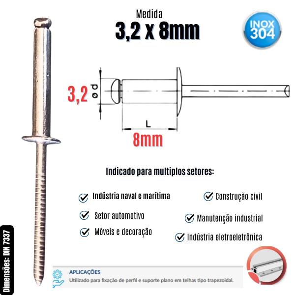 Imagem de Rebite Pop de Repuxo Aço Inox 304 Polido 3,2 x 8mm - 100 Un