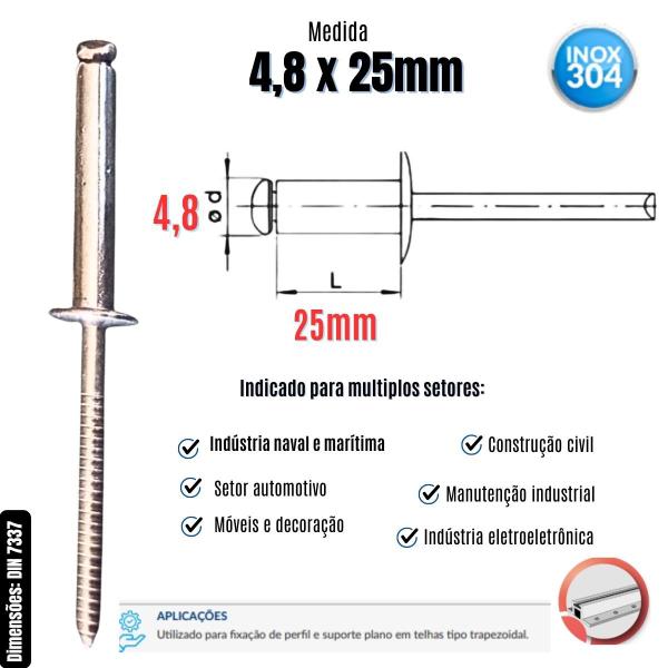 Imagem de Rebite Pop de Repuxo Aço Inox 304 Polido 4,8 x 25mm - 100 Un