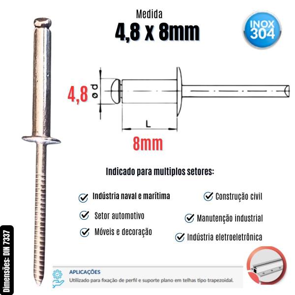 Imagem de Rebite Pop de Repuxo Aço Inox 304 Polido 4,8 x 8mm - 500 Un