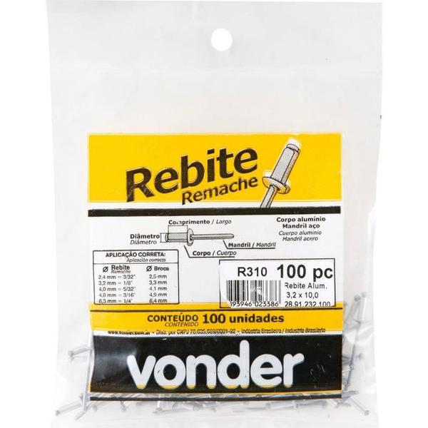 Imagem de Rebite repuxo de alumínio 6,2x16,0mm mandril aço com 100 peças vd616 - Vonder
