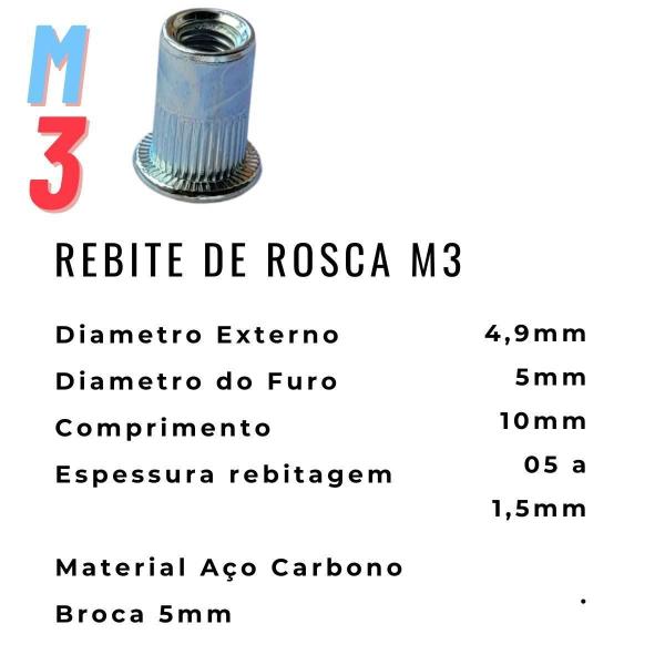 Imagem de Rebite Rosca Interna M3 Porca Arrebite Aba Plana - 50 Peças