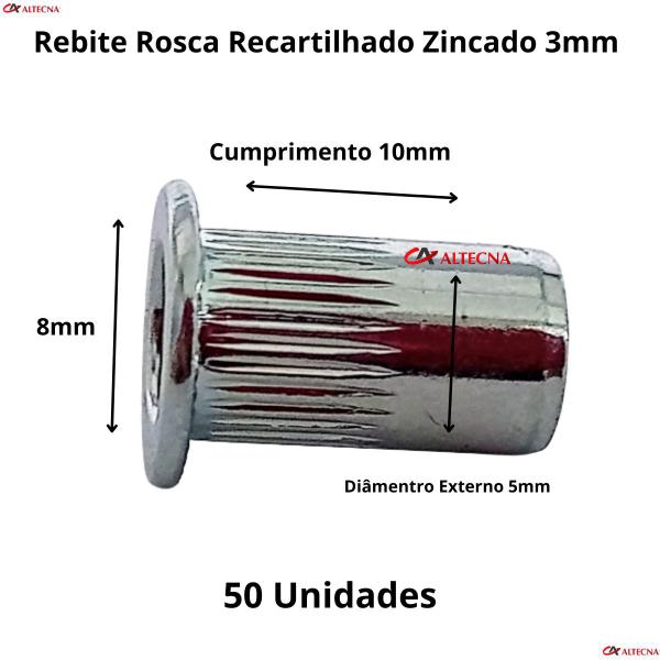 Imagem de Rebite Rosca Recartilhado Cab Plana M3 Zincado C/ 50 Unid.