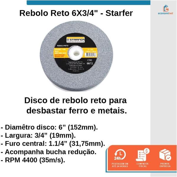 Imagem de Rebolo Reto 6 X 3/4 Grão 60 Starfer