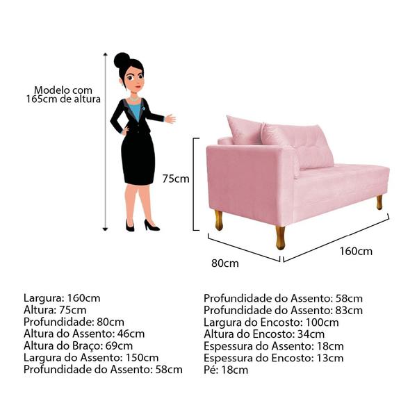 Imagem de Recamier Azura 160cm com Almofada Lado Direito Suede Rosa Bebê - Amarena Móveis