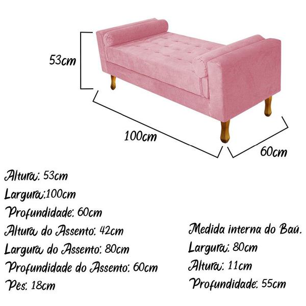 Imagem de Recamier Baú Félix Solteiro 100cm Suede Rosa Bebê - Doce Sonho Móveis