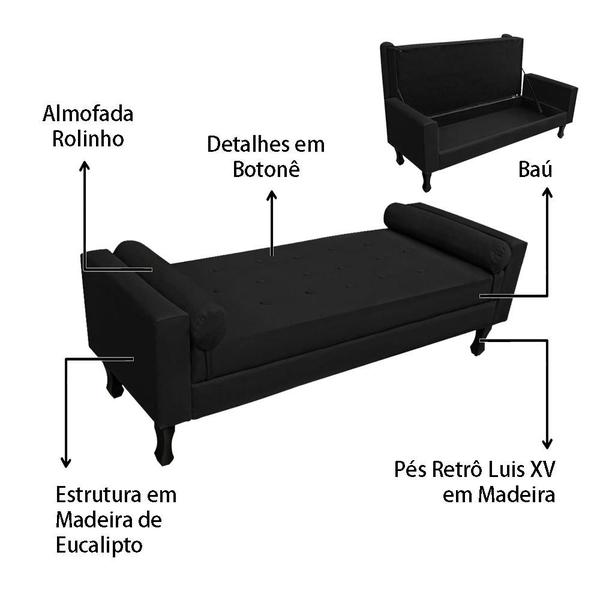 Imagem de Recamier Baú Fênix Para Cama Casal 140cm Suede Preto - INCASA DECOR