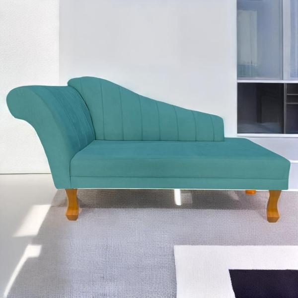 Imagem de Recamier Cecília Estofado Direito Com Pés Retrô Castanho Suede Azul Turquesa - DL DECOR