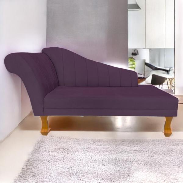 Imagem de Recamier Cecília Estofado Direito Com Pés Retrô Castanho Veludo Roxo - DL DECOR