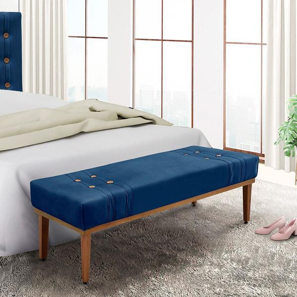 Imagem de Recamier Decorativo 90cm Kors Suede Pés de Madeira Azul Marinho G63 - Gran Belo