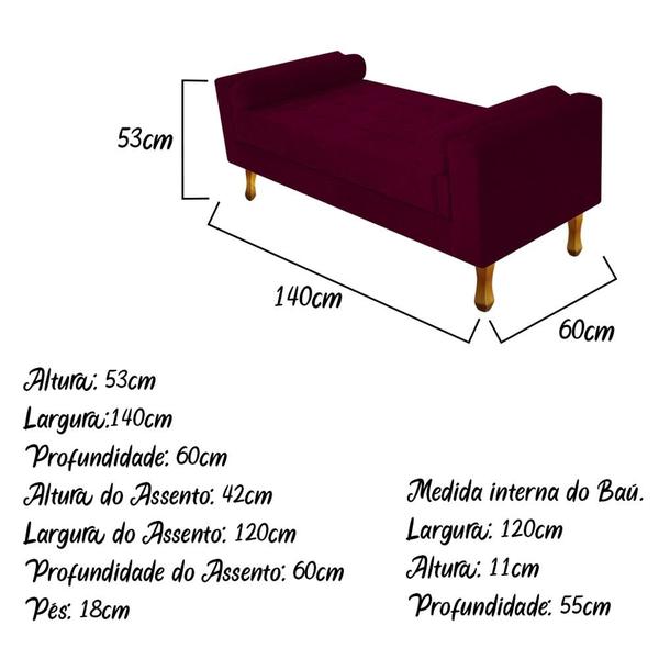 Imagem de Recamier Divã Felix Baú 140 cm Estofado Luiz XV Sofá Suede Bordô Para Sala de Estar Consultório Quarto Recepção Escritório - AM Decor