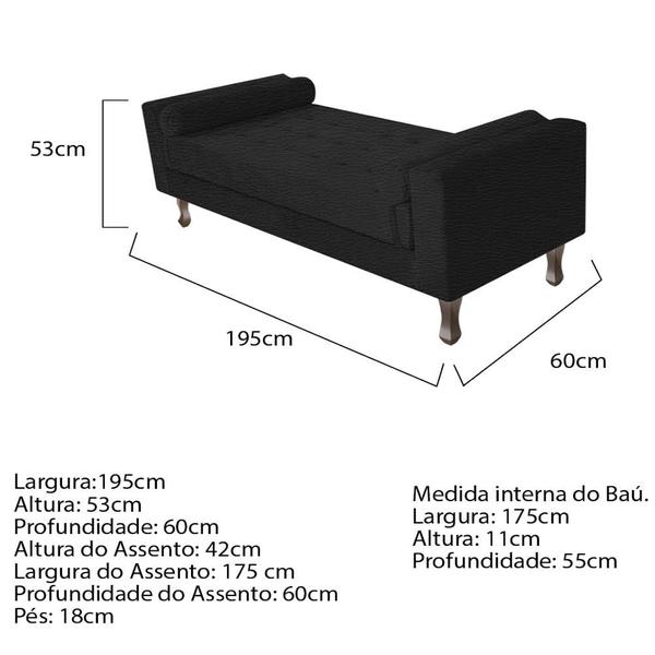 Imagem de Recamier Divã Felix Baú 195 cm Estofado Luiz XV Sofá 2 Lugares SintéticoPreto Para Sala de Estar Consultório Quarto Recepção Escritório - AM Decor