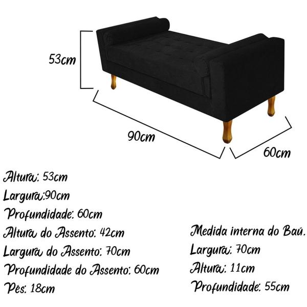 Imagem de Recamier Divã Félix Baú 90 cm Estofado Luiz XV Sofá Suede Preto Para Sala de Estar Consultório Quarto Recepção Escritório - AM Decor