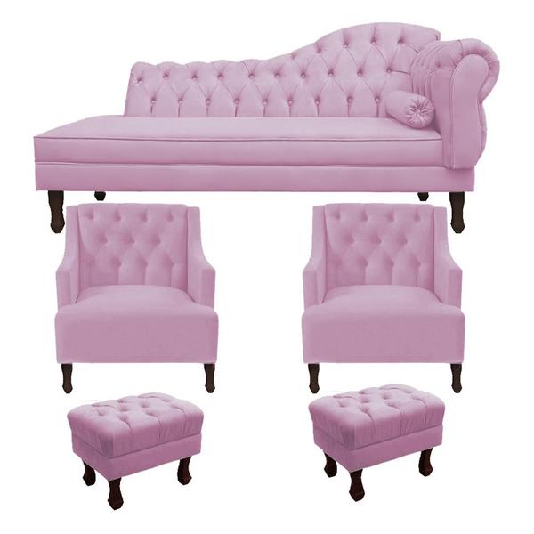 Imagem de Recamier Divã Larissa 140cm Lado Direito + 2 Poltrona Genesis + 2 Puff Retro Suede Rosa Bebê