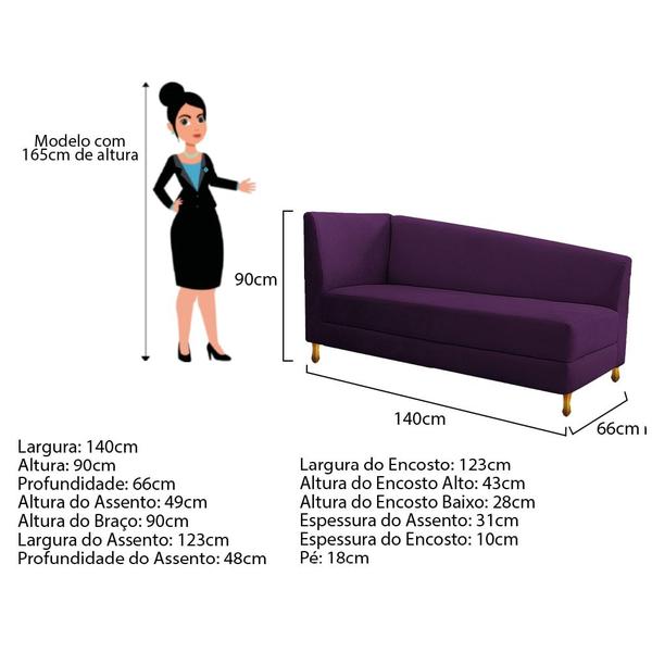 Imagem de Recamier Divã Valéria 140cm Lado Direito Suede Roxo - Amarena Móveis