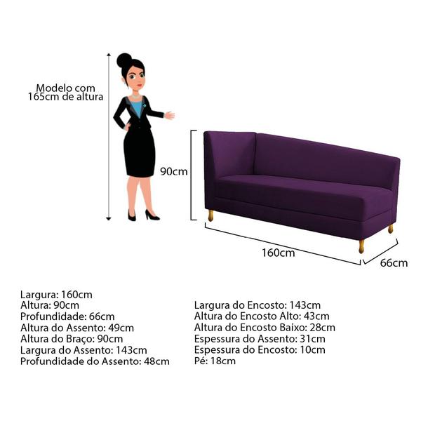 Imagem de Recamier Divã Valéria 160cm Lado Direito Suede Roxo - Amarena Móveis