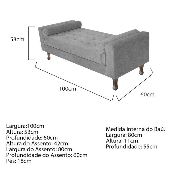 Imagem de Recamier Félix Divã Baú 100 cm Estofado Luiz XV Sofá Sintético Cinza Para Sala de Estar Consultório Quarto Recepção Escritório - AM Decor