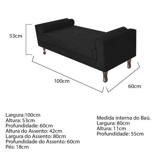 Imagem de Recamier Félix Divã Baú 100 cm Estofado Luiz XV Sofá Sintético  Preto Para Sala de Estar Consultório Quarto Recepção Escritório - AM Decor