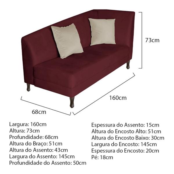 Imagem de Recamier Heitor 160cm com Almofada Lado Esquerdo Suede Bordô/Bege - Amarena Móveis