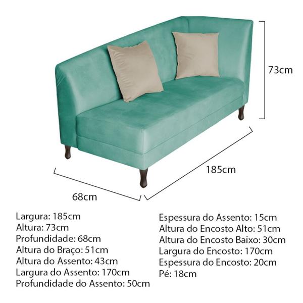 Imagem de Recamier Heitor 185cm com Almofada Lado Esquerdo Suede Azul Tiffany/Bege - Amarena Móveis