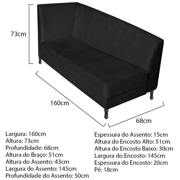 Imagem de Recamier Valéria 160cm Lado Direito Suede Preto - Amarena Móveis