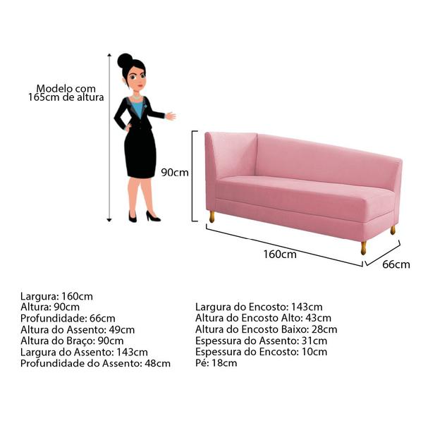 Imagem de Recamier Valéria 160cm Lado Direito Suede Rosa Bebê - Doce Sonho Móveis