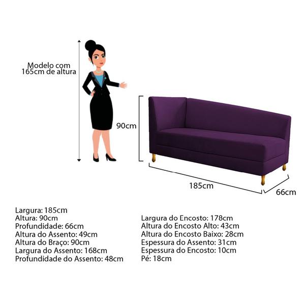 Imagem de Recamier Valéria 185cm Lado Esquerdo Suede Roxo - Doce Sonho Móveis