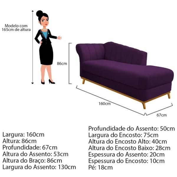 Imagem de Recamier Vanessa 160cm Lado Direito Suede Roxo - Amarena Móveis