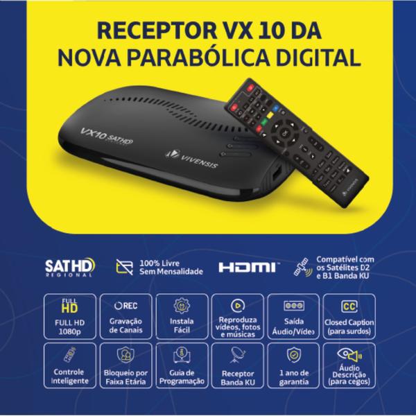 Imagem de Receptor Digital TV, Full HD Smart via Satélite Bivolt Vivensis VX10 Melhor Parabólica + LNBF Simples