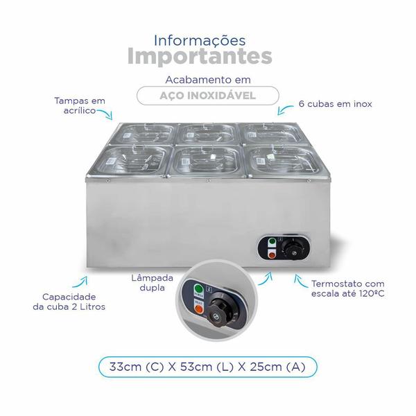 Imagem de Rechaud Retangular 12 L Com 6 Cubas 1/6  Aço Inox Zprc06