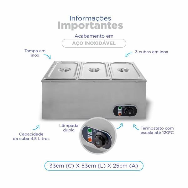 Imagem de Rechaud Retangular 13 L Com 3 Cubas 1/3 Gourmet Zprc03
