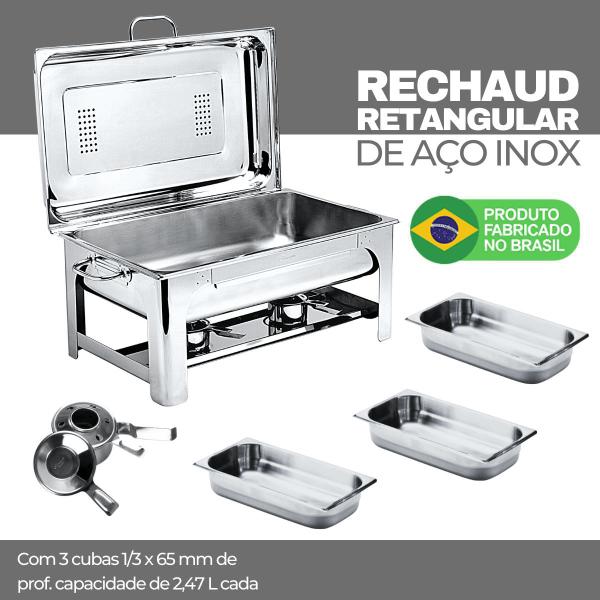 Imagem de Rechaud Retangular de Aço Inox Banho Maria Tecnocuba Com 3 Cubas1/3x65mm 2,47 litros cada