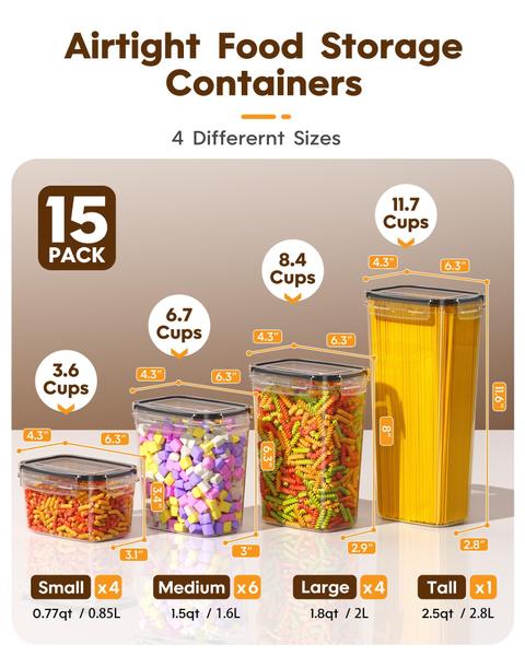 Imagem de Recipientes de armazenamento de alimentos KEMETHY Airtight, pacote com 15 tampas, sem BPA