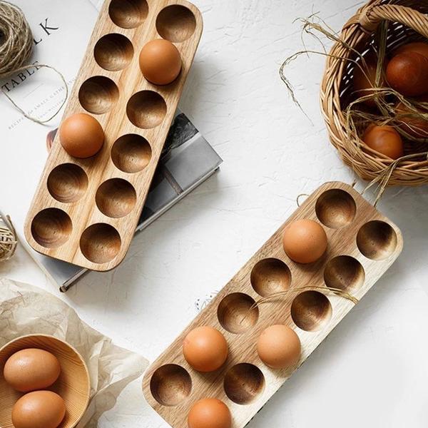 Imagem de Recipientes de cozinha Acácia Madeira Dupla Linha Caixa de Armazenamento de Ovos Doméstico Geladeira Ovo Rack Acessórios Cozinha de Armazenamento de Contêineres Garrafas, Frascos & Caixas