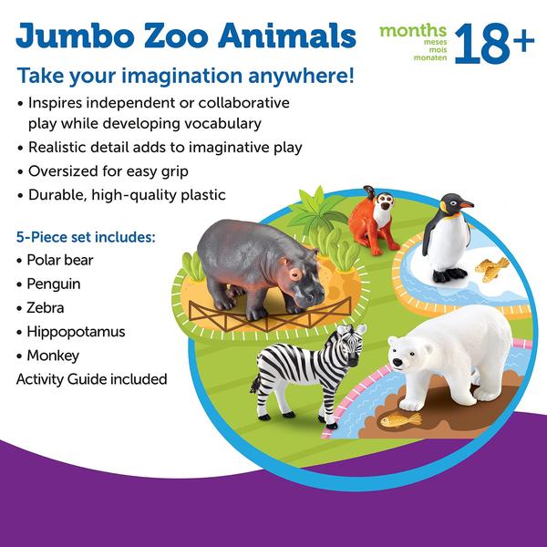 Imagem de Recursos de aprendizagem de brinquedos Jumbo Zoo Animals Macaco, pinguim, zebra, urso polar e hipopótamo para crianças de 2 anos ou mais