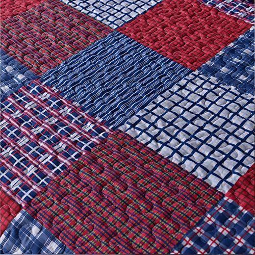 Imagem de Red Blue Plaid Quilt Set King Size Country Patchwork Bedwork Set Leve Reversible Bedspread Coverlet with Sham Soft All Season Bed Cover Set, 1 Quilt 2 Pillow Shams