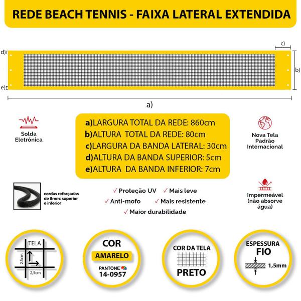 Imagem de Rede Beach Tennis com banda lateral Zaka Amarela 8,60m x 0,80m