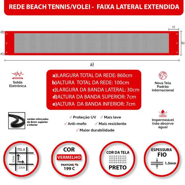 Imagem de Rede Beach Tennis e Volei com banda lateral Zaka Vermelha 8,60m x 1m