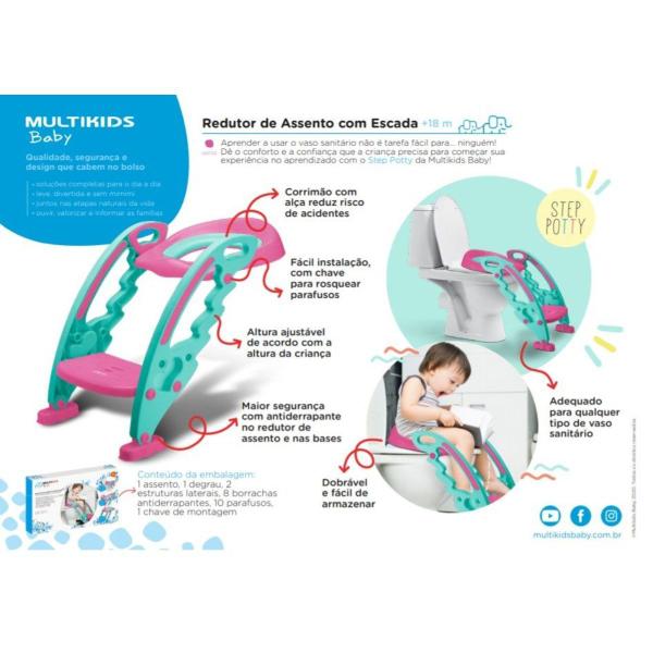 Redutor de Assento Rosa Infantil com Escada para Vaso Sanitário BB052 - Multikids Imagem de Redutor de Assento Rosa Infantil com Escada para Vaso Sanitário BB052