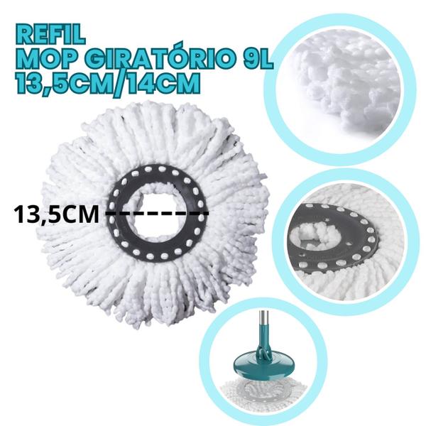 Imagem de Refil Mop Giratório Esfregão de Microfibra para Mop 9L com Encaixe 13,5cm - Kit com 1, 2, 3 ou 5 Unidades