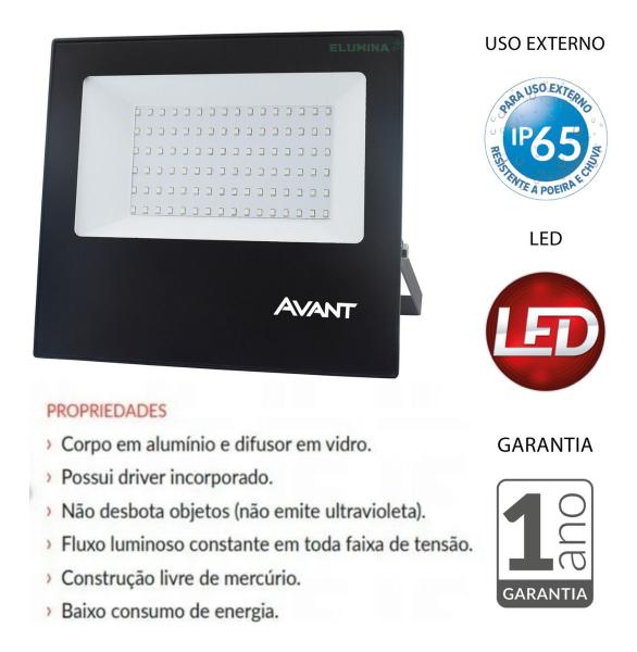 Imagem de Refletor Led 100w Holofote Prova D'água Área Externa Ip65 Bivolt Avant Preto