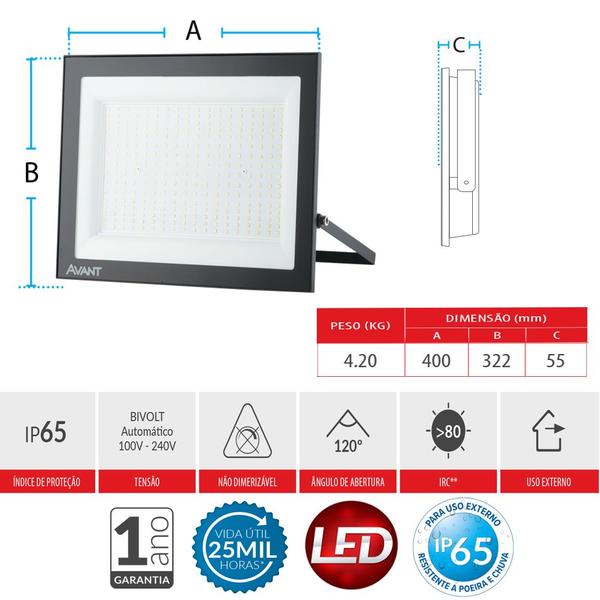 Imagem de Refletor Led Slim 300w Luz Branco Frio 6500k Bivolt Avant