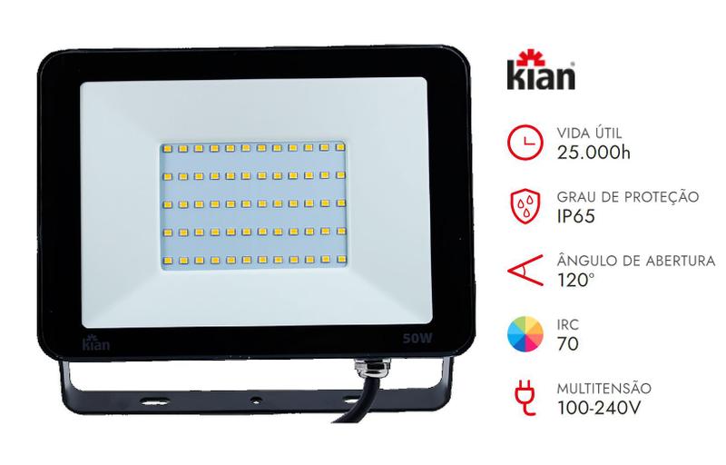 Imagem de Refletor projetor led 50w 3000k branco quente preto bivolt kian