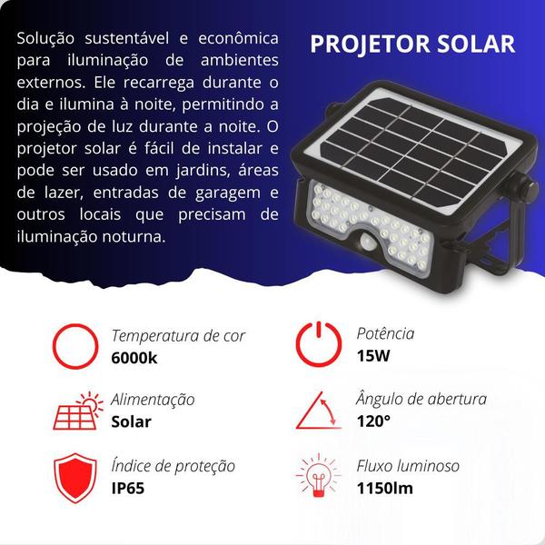 Imagem de Refletor Projetor LED Solar 15w 6000k C/ Sensor de Movimento